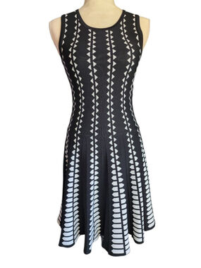 Line Black White Geometric Knit Fit & Flare Dress Size Small Sleeveless Pleated